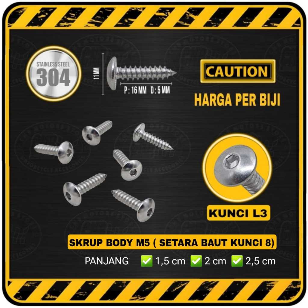 Sekrup Skrup Kunci L STAINLESS Baut Body Cacing M5 || Setara Baut Kunci 8 | Panjang 1,5 | 2 | 2,5 cm