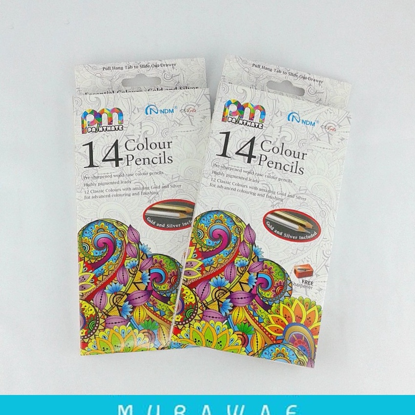 

Langka Pensil warna panjang 12 warna 2 warna gold dan sier NDM Color Pencil 14Colors bonus serutan metal