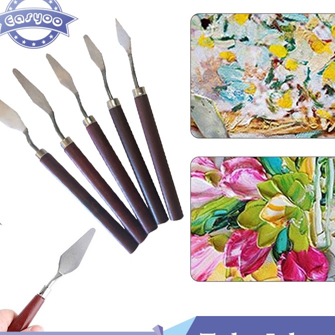 

Hematku 5pcs Pisau Palet Lukis Set Painting Knife Pisau Lukis Minyak Gagang Kayu Stainless Steel