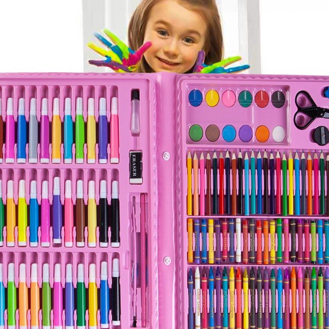 KF7 Perlengkapan Menggambar Krayon Pensil Warna Anak Set Koper 15 in1 Crayon Full Alat Melukis Mewar