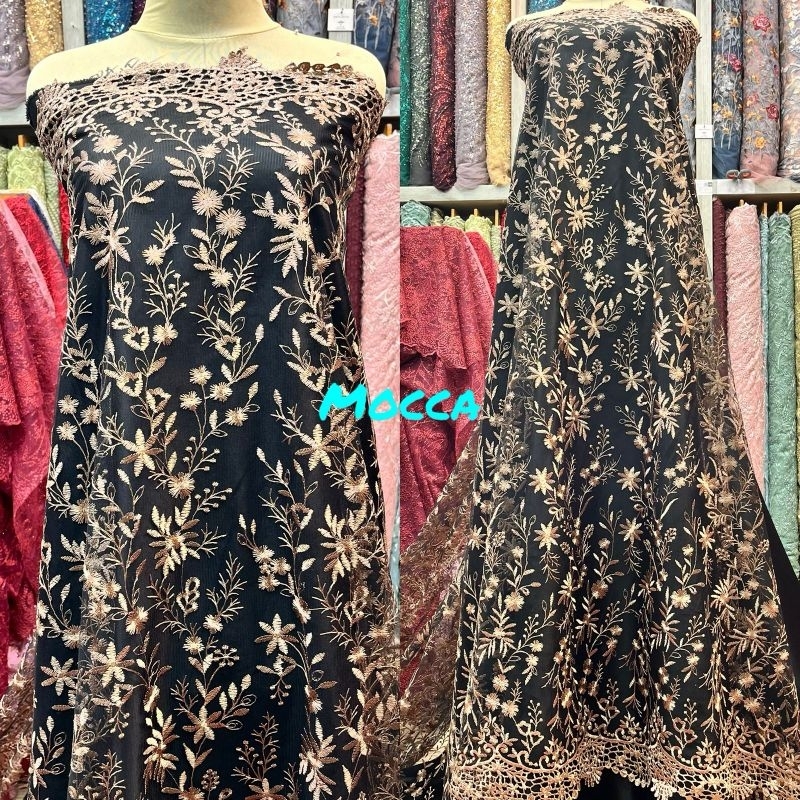 Sale... Bahan Kebaya Brokat Tile Embroidery  Skin Warna Dasar Hitam.