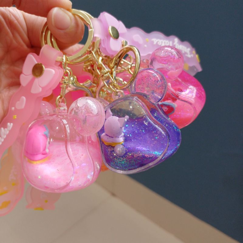 Gantungan kunci ganci air glitter KEPALA BEAR MY MELODY POMPOMPURIN KUROMI LINABELL