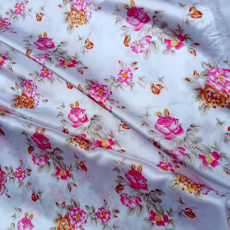 Kain - Kain Satin Silk Motif Bunga Import - Kain Satin Silk - Kain Meteran | Harga Per Setengah Mete