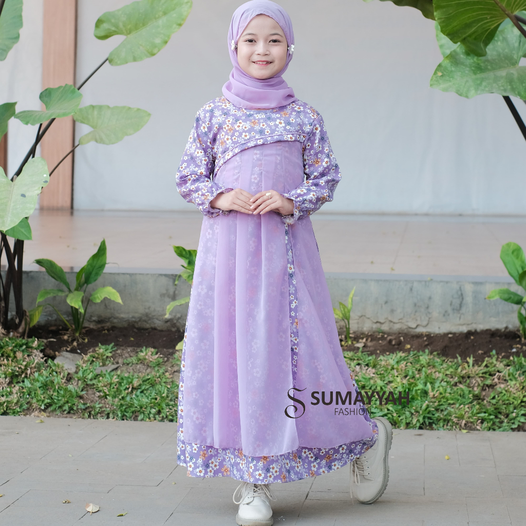 new product sumayyah- gamis anak set hijab pashmina shakila motif bunga mix ceruty babydoll usia