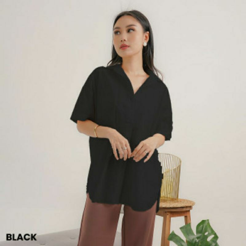 Kemeja Pony, Kemeja Wanita Oversized Lengan Pendek Bahan Katun Gangnam, Motif Polos