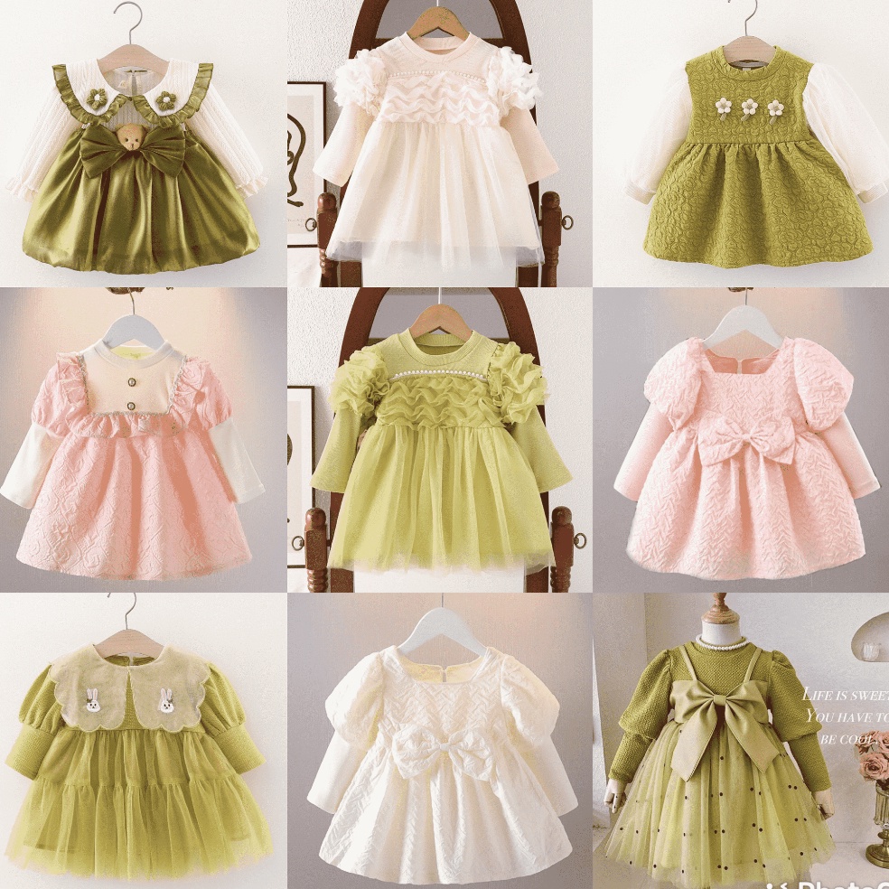 Stok Terbatas INCESSBABY Dress Anak Bayi Perempuan Lengan Panjang Hijau Sage Lebaran