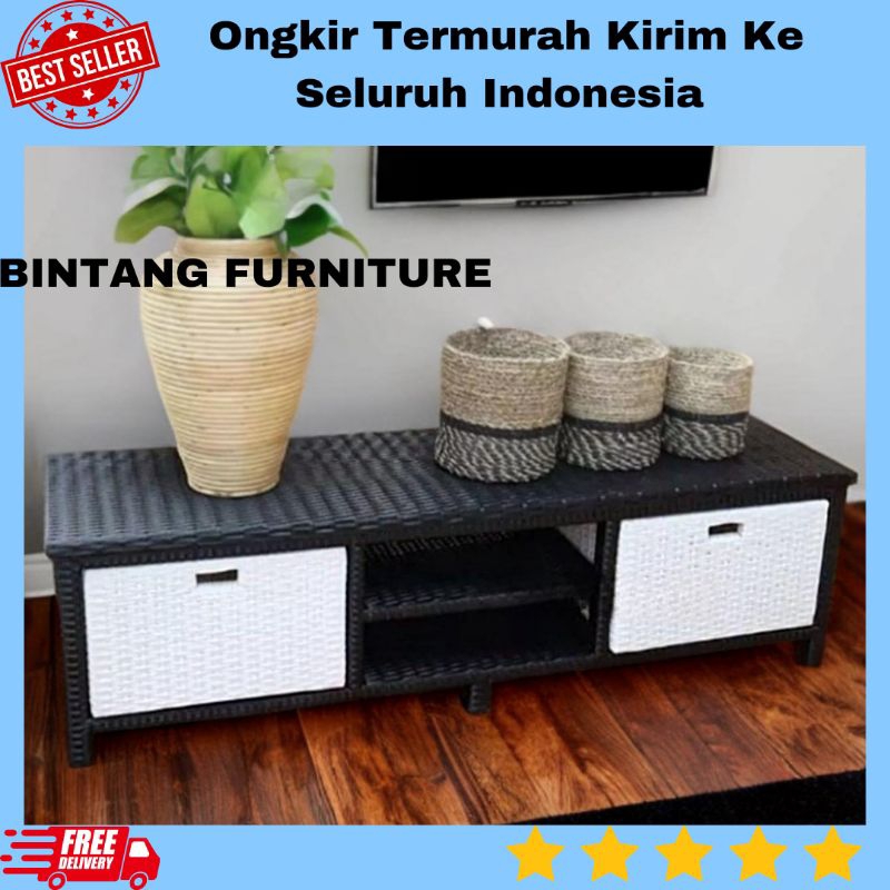 Lemari Rotan Sintetis 2 Laci Dvd Polos Lemari Plastik Meja TV Rotan Rak Susun Murah