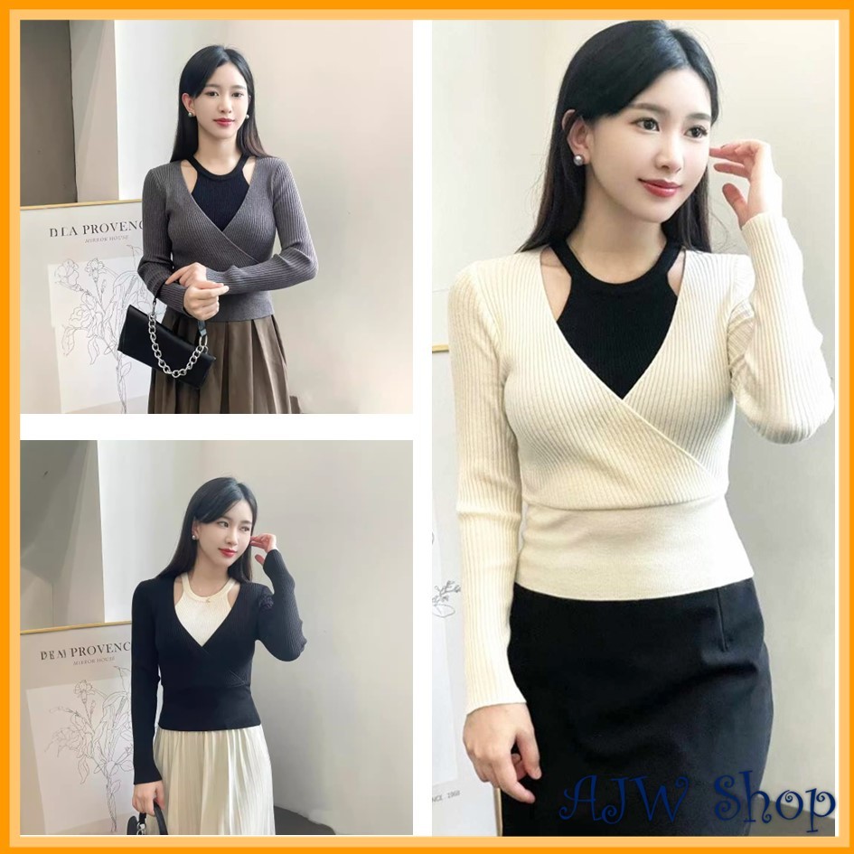 AJW Atasan Wanita Wrap Top Knit Premium RBY | Atasan Wanita Kekinian Ribbed Wrap Top Knit Lengan Pan