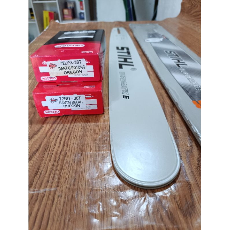 SATU SET BAR BAJA LASER MEREK STIHL 22" PLUS RANTAI OREGON 38T BELAH DAN POTONG TINGGAL PASANG DI SI