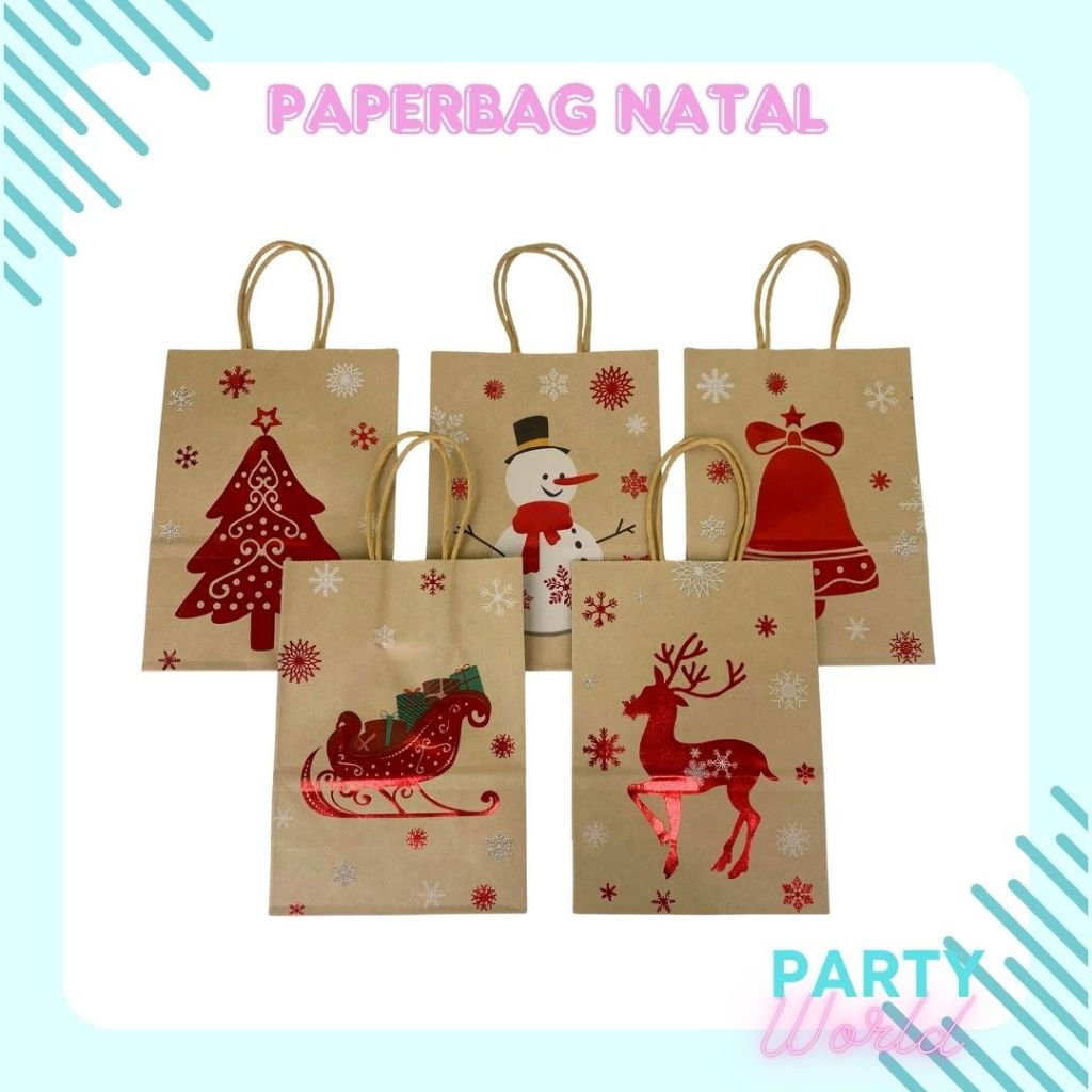 

Papperbag Natal 21x15 cm Tas Papper Bag Merry Christmas Lonceng Santa Papperbag Coklat Motif Santa Gift Bag Tema Natal