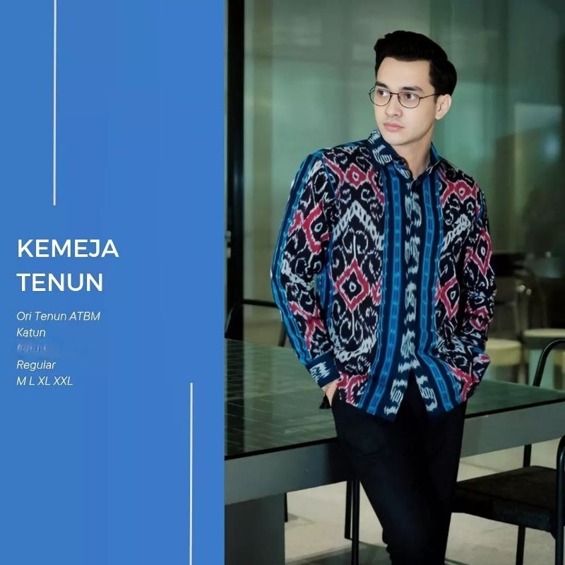 Baju kemeja tenun pria etnik jepara motif toraja warna biru lengan panjang