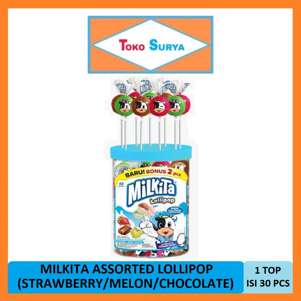 

Milkita Assorted Milk Lollipop Permen Lolipop Rasa Cokelat/Stroberi/Melon Toples 270 Gr