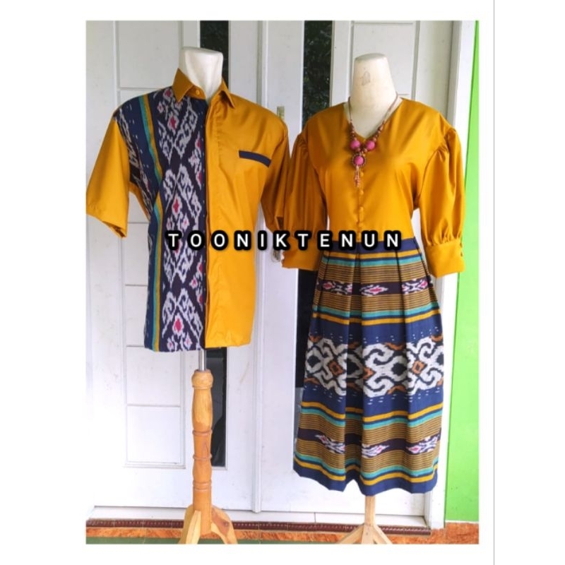 DRESS TENUN KOMBINASI KATUN POLOS DRESS TENUN COUPLE TENUN KUNING CERAH