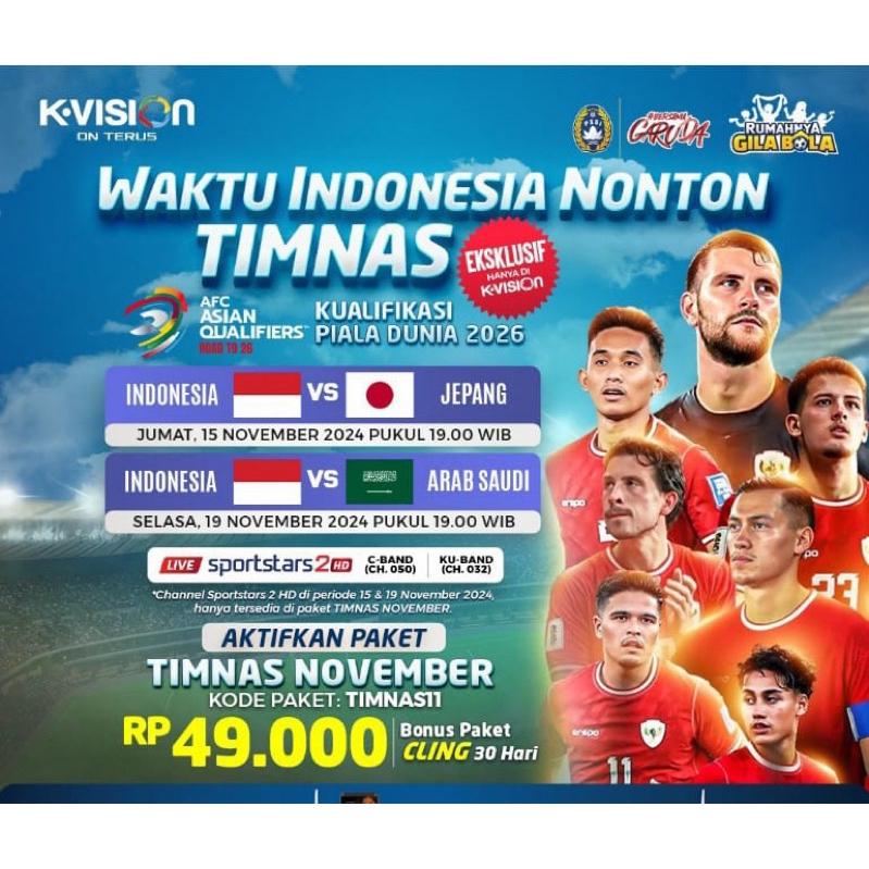 Paket K Vision Timnas Kualifikasi Piala Dunia 2026 Bonus Paket Cling