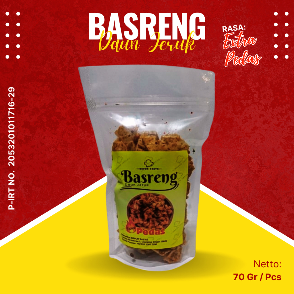 

Basreng Daun Jeruk Rasa Extra Pedas Ukuran 70 Gram / Bks