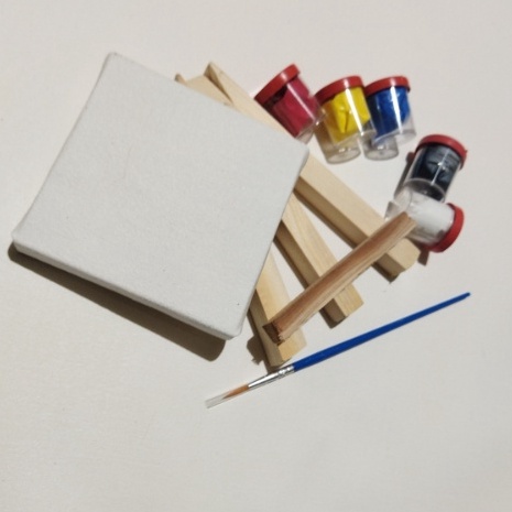 

Murah Premium mini kanvas ukuran 1x1 cm set canvas lukis set 5 warna dasar plus kuas round dan stand lukis 15 cm