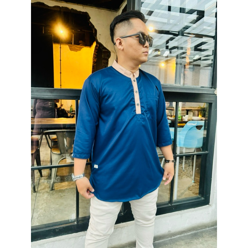 Koko Kurta Pakistan Bahan Toyobo Premium Lengan 3/4, Koko Pria Muslim Dewasa Fashion Warna Navy, Kok