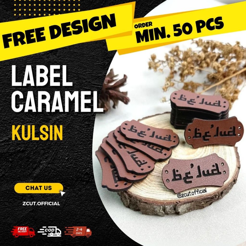 [MIN 50pcs] Label Kulit Sintetis Kulsin Custom Rebranding dompet, rajut, tas, pakaian Warna CARAMEL