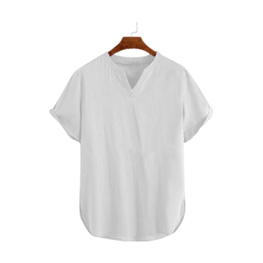 Baju Koko Pria ZHAFAR Putih Polos Kerah V-Neck Lengan Pendek Bahan Katun Toyobo Fashion Pria Keren S