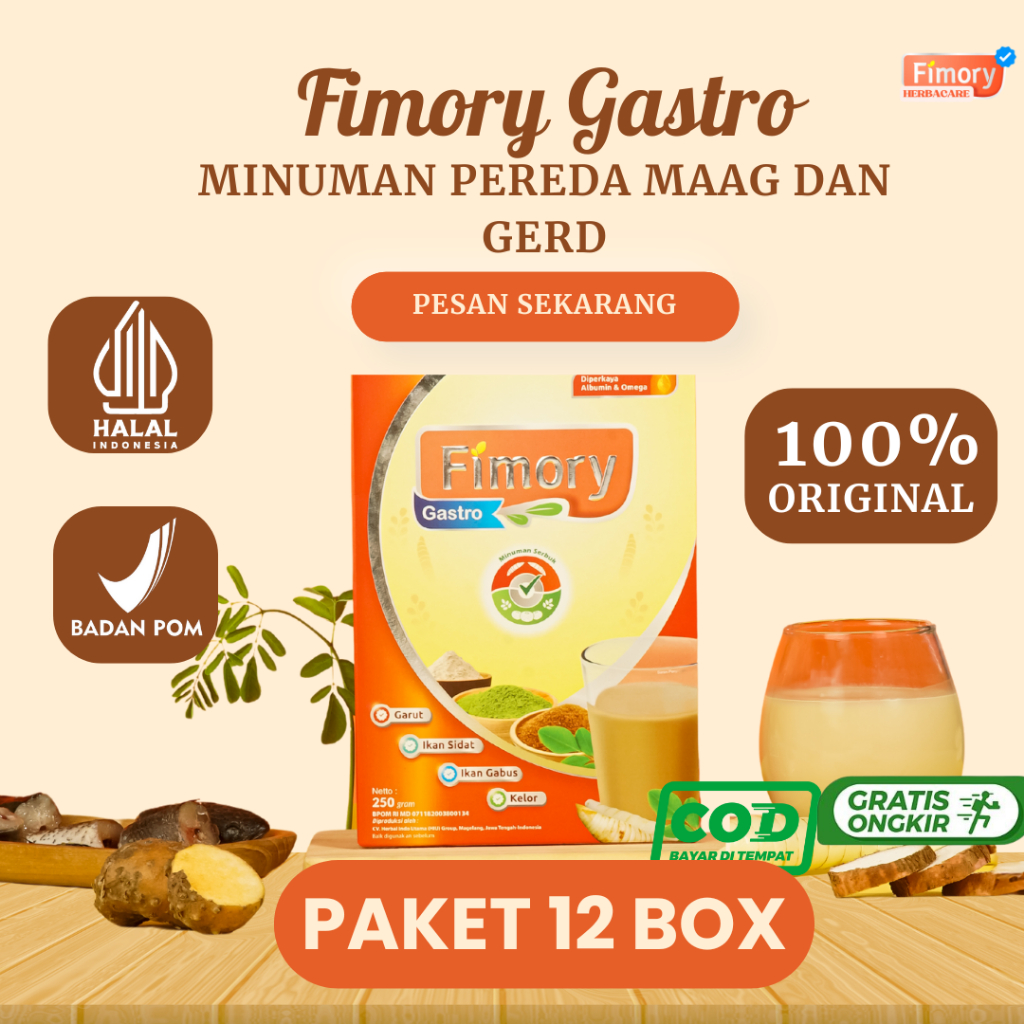 

Fimory Gastro 250gr Paket 12Pcs - Minuman Sereal Umbi Garut Meredakan MAAG GERD