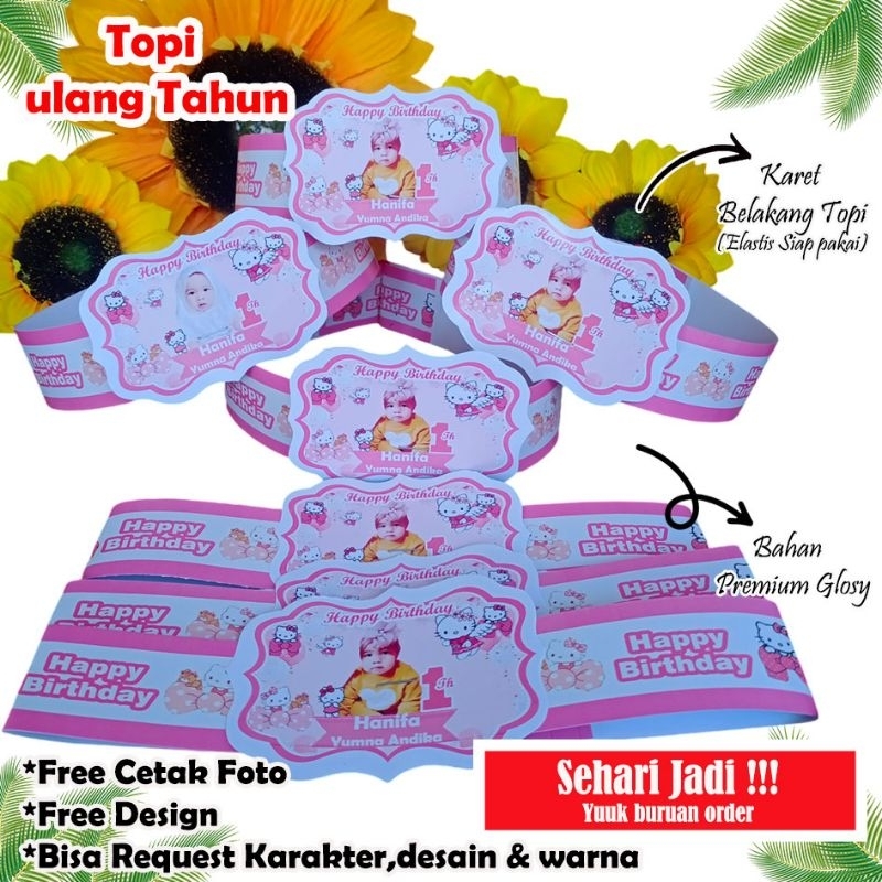 Topi ultah anak isi 10 pcs + Desain foto (PAKET TOPI & UNDANGAN) Topi ulang tahun anak/Topi ultah ka