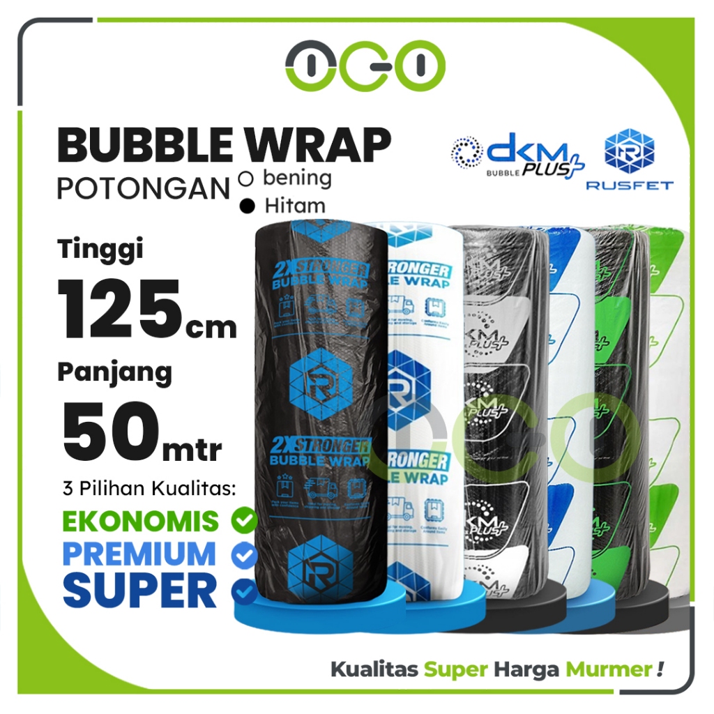 

Plastik Bubble Wrap Roll Kecil 125cm x 50meter Merek DKM dan RUSFET -Warna Bening dan Hitam Termurah