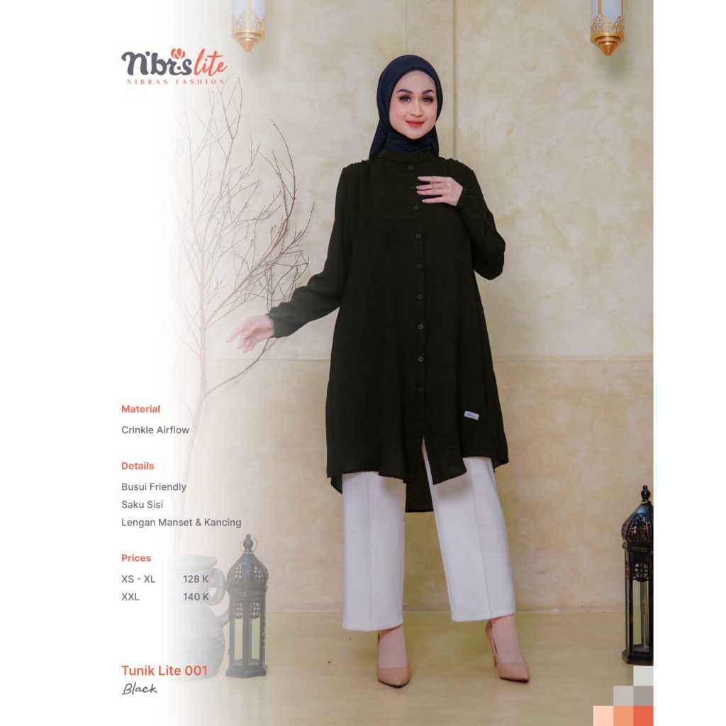 NBRS Tunik Lite 001 Nibras Atasan Wanita Polos Tunik Polos Hitam Putih Biru Khaki
