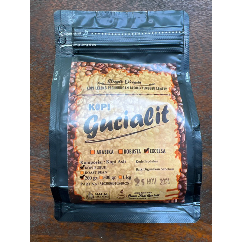 

Kopi Excelsa Gucialit, Single Origin Lereng Gunung Semeru, Bubuk Halus (Fine), 200 gr