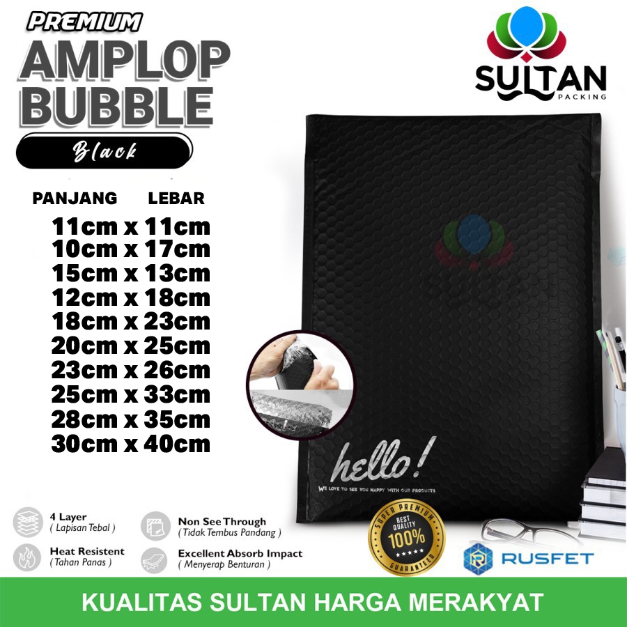 AMPLOP BUBBLE MAILER BLACK WRAP ENVELOPE RUSFET PREMIUM SATUAN HITAM