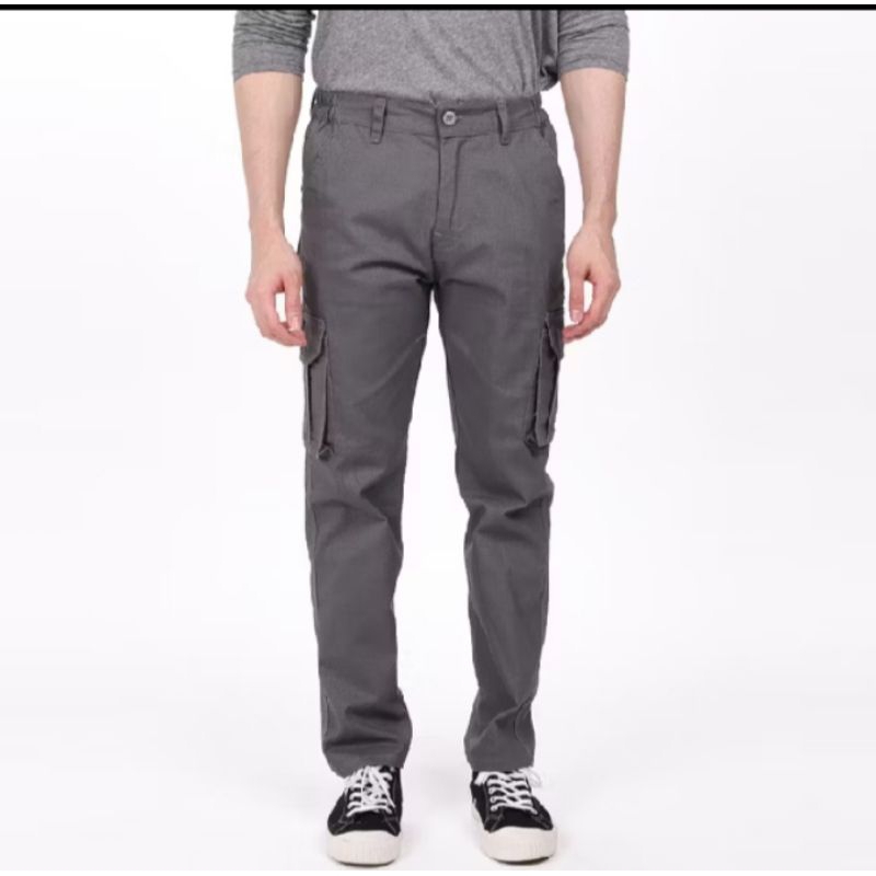 Celana Cargo Pants Panjang Dark Grey Over Size Pria Jumbo Kantong Samping