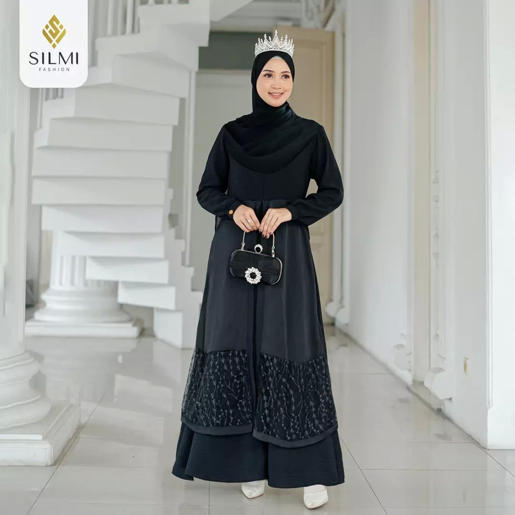 SILMI - Sarimbit 2025 Raya Gamis Dewasa Warna Hitam dan Putih Sarimbit Keluarga Original by Silmi