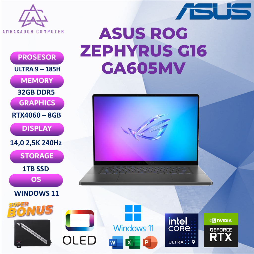 Asus ROG Zhepyrus G16 OLED GU605MC Ultra 9 185H RTX4060 8GB 32GBb 1TB 240Hz WIndows11+OHS