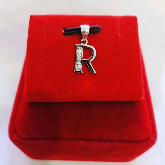 Liontin huruf R Asli perak silver 925 lapis emas putih lt05