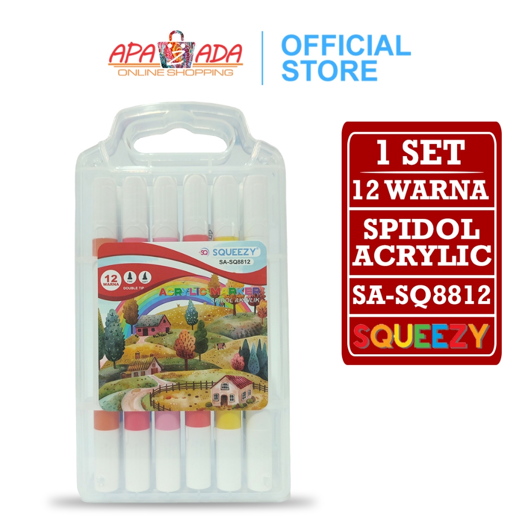 

Apazada - Spidol Akrilik Dual Tip [1 Set - 12 Warna] / Pena Cat / Acrylic Marker Squeezy SA-SQ8812