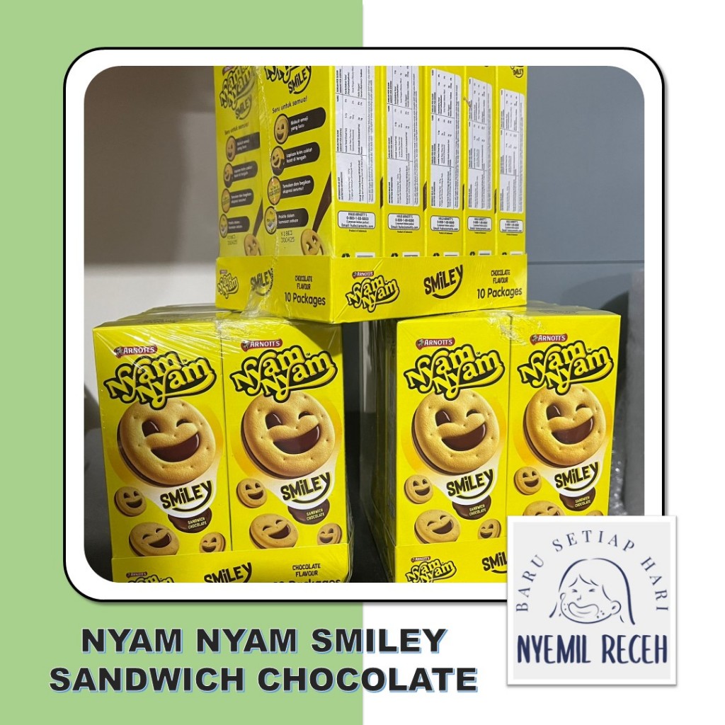 

Nyam Nyam Smiley Mini 22.5Gr per box isi 10 lebih hemat biskuit Sandwich Choco bentuk emoticon lucu