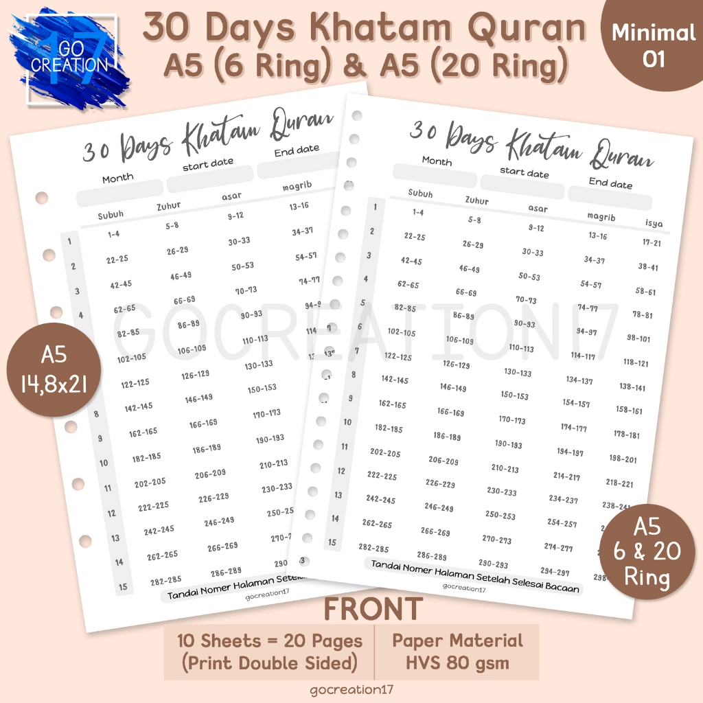 

Buku Planner Kertas Isi Binder 30 Day Khatam Quran Simple Minimalis A5