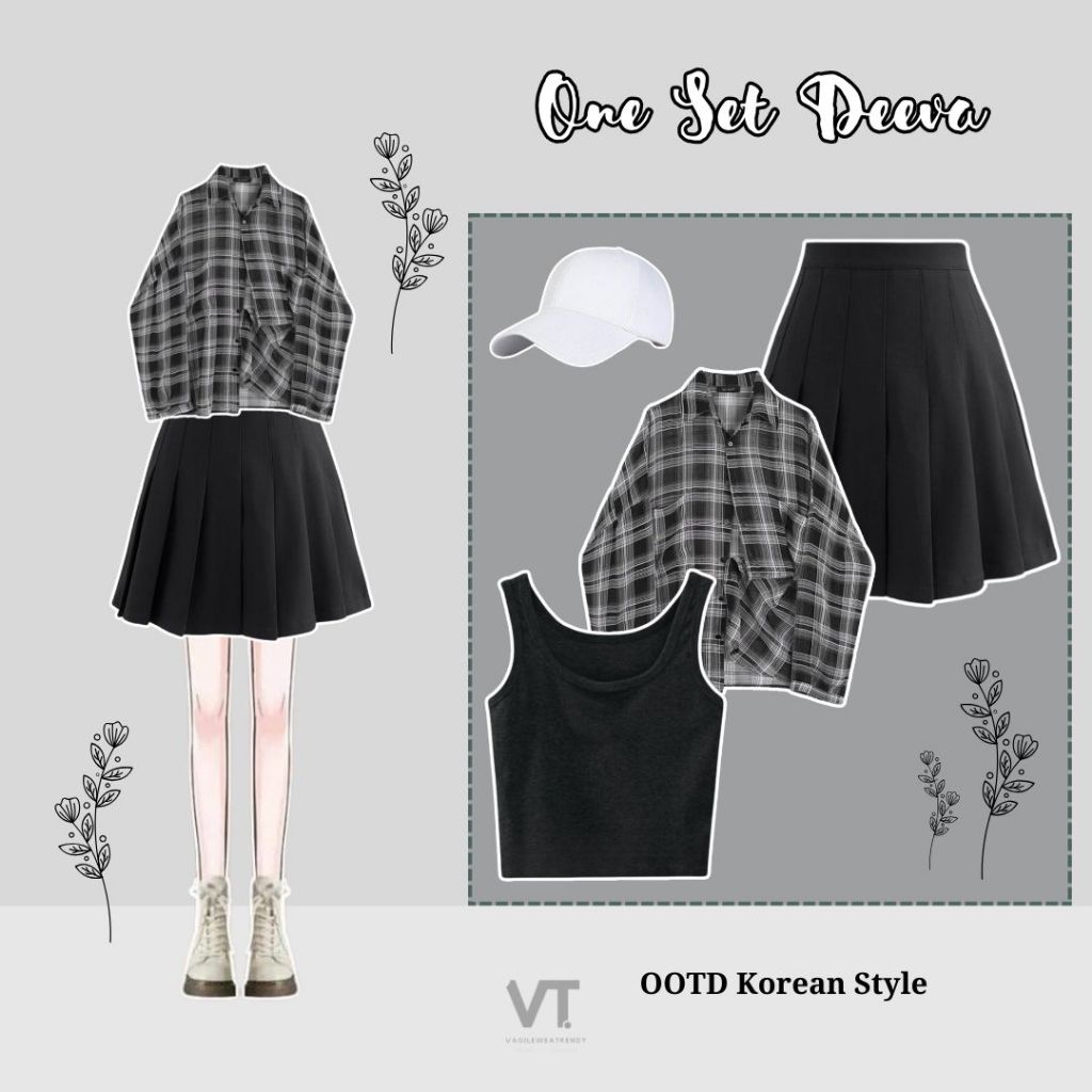 One Set Deeva (Topi, Tanktop, Kemeja, Rok) OOTD Hijab Gaya Korea ✿ Topi putih polos ✿ Inner Agnes Hi