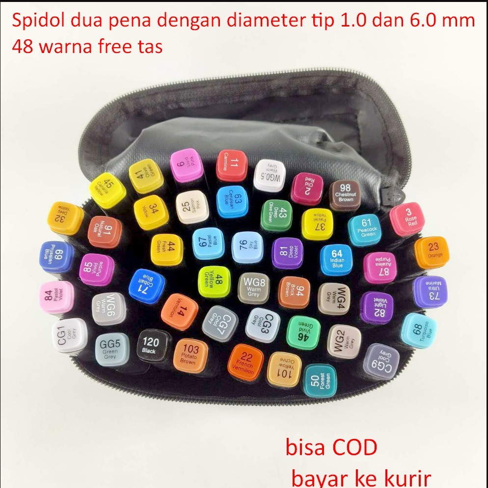 

Spidol dua pena dengan tip 1.0 dan 6.0 mm diameter 48 warna free tas