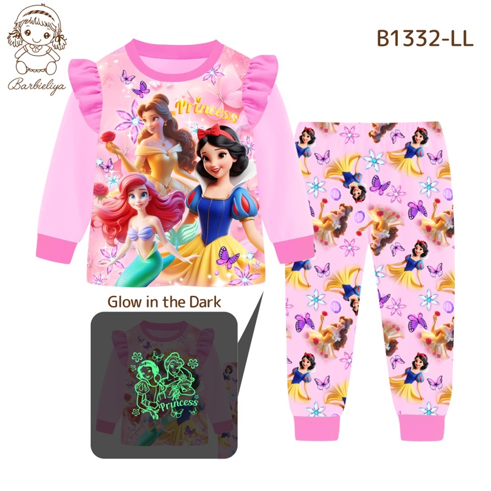 Piyama Baju Tidur Karakter Anak Glow In The Dark Princess Snow White Ariel Little Mermaid Belle Beau