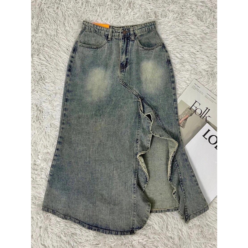 Rok denim fishtail terbaru korea/Rok jeans belahan samping/Rok denim renda bergelombang