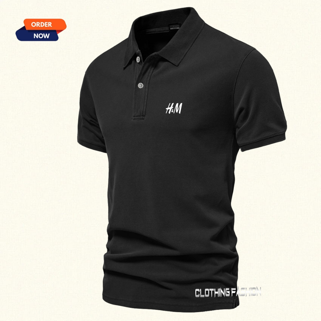 T-shirt Kaos POLO Kerah Logo H&M Text Putih Polo Kerah Unisex Pria & Wanita
