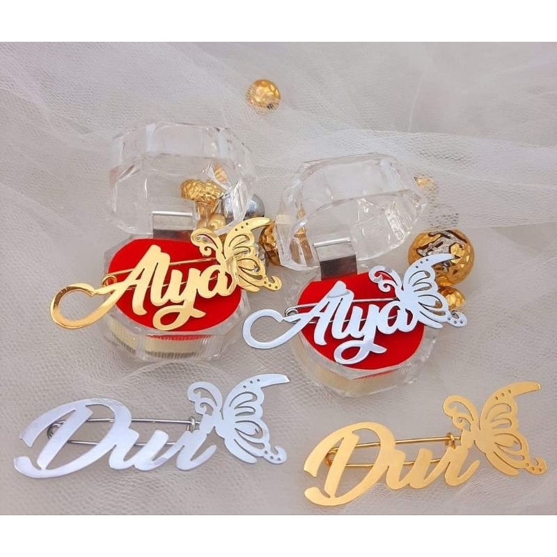 Brooch ukir nama custom lapis emas titanium anti karat gold/tag nama/pin hijab/peniti nama custom/pi