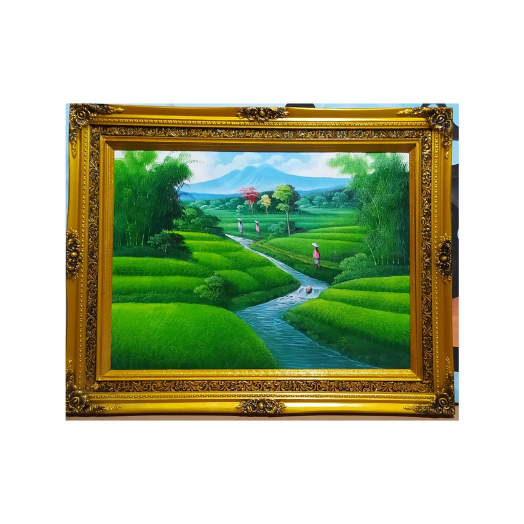 lukisan pemandangan sawah hijau
