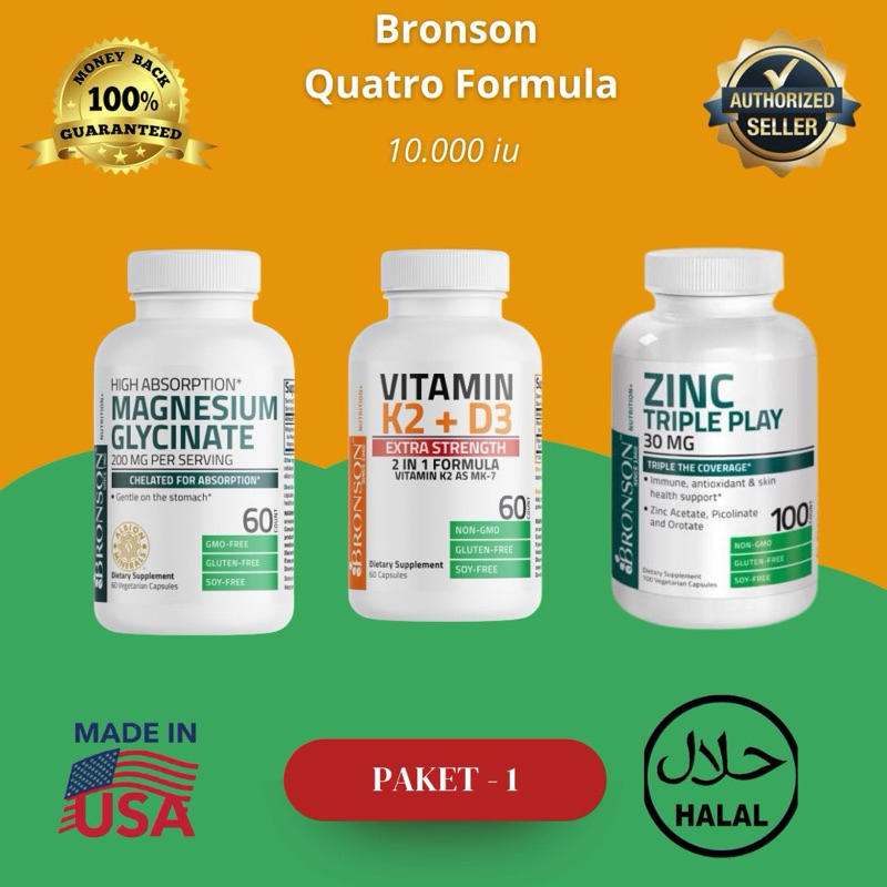 Paket Quatro Formula Bronson Original USA Vitamin D3K2 Magnesium Zinc tripleplay