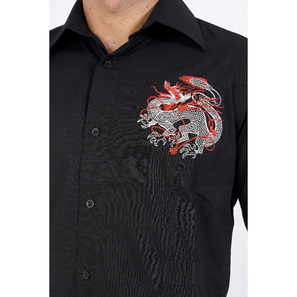Kemeja Bordir Naga Lengan Pendek warna Hitam BRT