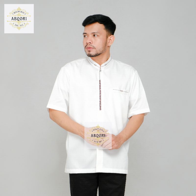 BAJU KOKO Muslim Lengan Pendek Putih Bordir - Baju Koko pria lengan pendek warna  putih tulang bahan