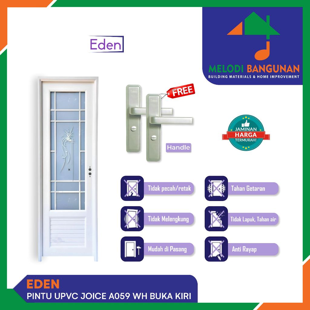 Eden - Pintu Kamar Mandi Wc Upvc Joice A059 WH Buka Kiri White