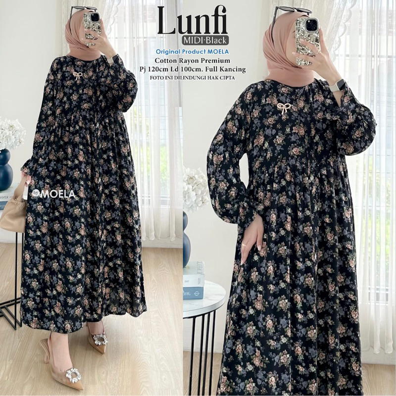 Moela - Lunfi Midi Dress Rayon Motif Full Kancing