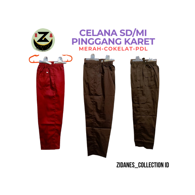 Celana laki laki SD/MI Merah Cokelat Pramuka PDL Pinggang Karet Katun American Drill Kelas 1 - 6