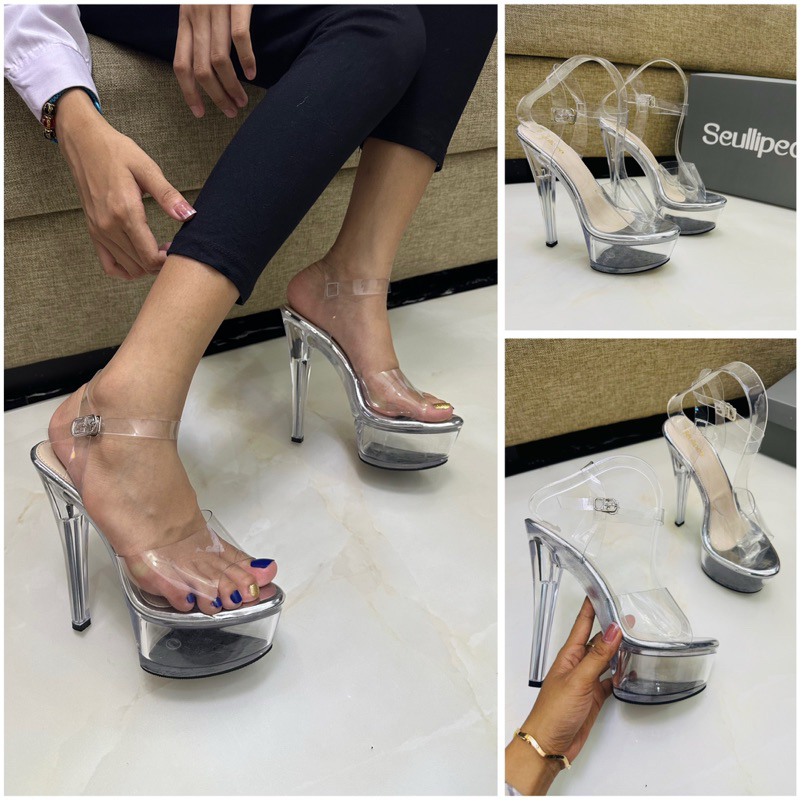 sandal high heels kaca 15.5cm import mix mika jeli transparan